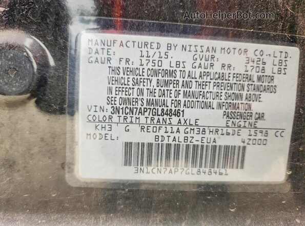 3N1CN7AP7GL848461 2016 NISSAN VERSA Black Widok komory silnika