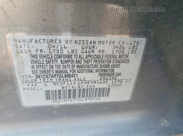 3N1CN7AP7GL890421 2016 NISSAN VERSA Gray ძრავის განყოფილების ხედი