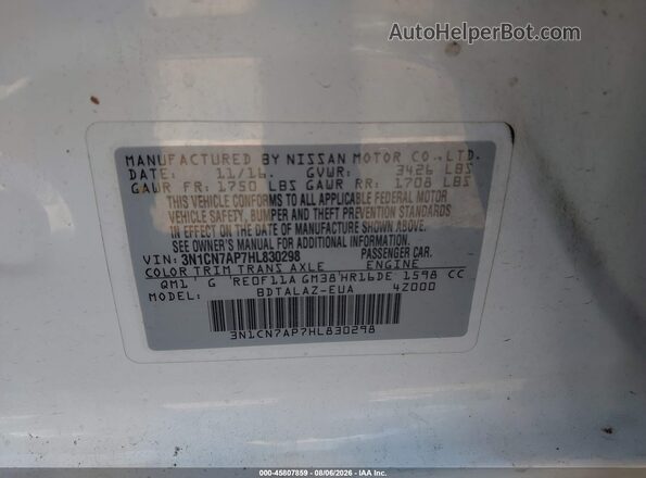 3N1CN7AP7HL830298 2017 NISSAN VERSA White Շարժիչի բաժամունքի տեսք