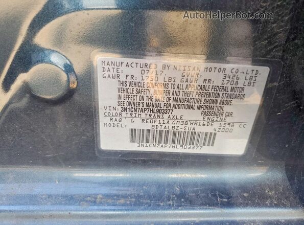 3N1CN7AP7HL903377 2017 NISSAN VERSA Teal Вид підкапотного простору