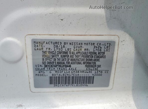 3N1CN7AP7KL810446 2019 NISSAN VERSA White Vista de la etiqueta del VIN