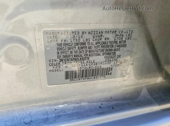 3N1CN7AP8GL832270 2016 NISSAN VERSA Gray Vista del compartimento del motor