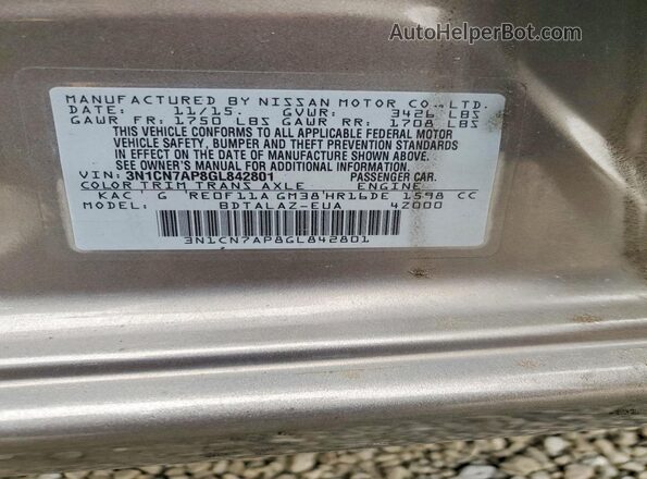 3N1CN7AP8GL842801 2016 NISSAN VERSA Brown Вид наклейки з VIN-кодом
