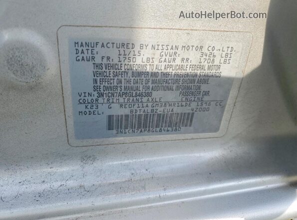 3N1CN7AP8GL846380 2016 NISSAN VERSA Silver Vista del compartimento del motor