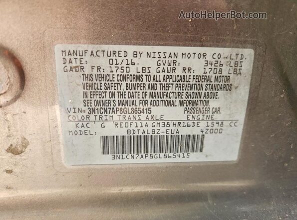 3N1CN7AP8GL865415 2016 NISSAN VERSA Gray Widok komory silnika