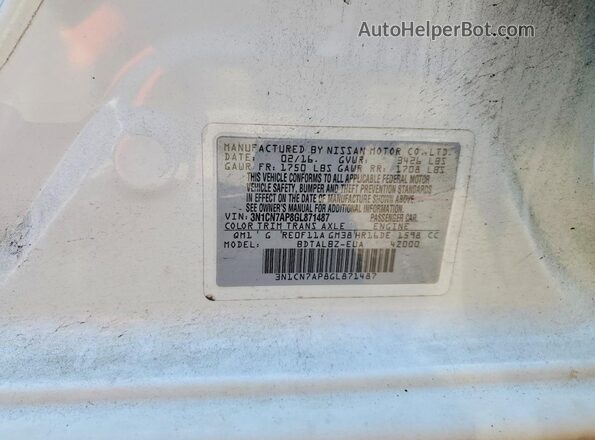 3N1CN7AP8GL871487 2016 NISSAN VERSA White ძრავის განყოფილების ხედი