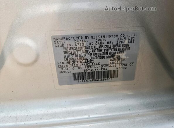 3N1CN7AP8GL884823 2016 NISSAN VERSA Silver Widok naklejki z numerem VIN