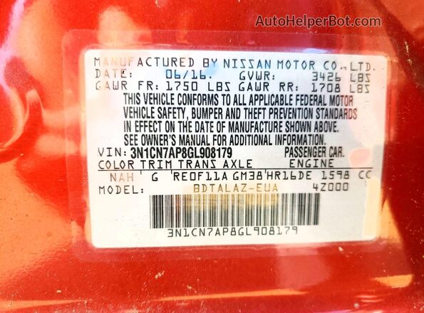 3N1CN7AP8GL908179 2016 NISSAN VERSA Red Engine compartment view