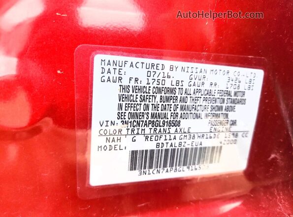 3N1CN7AP8GL916508 2016 NISSAN VERSA Red Շարժիչի բաժամունքի տեսք