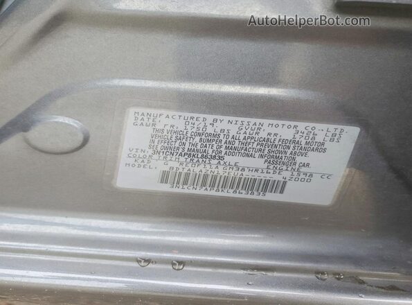 3N1CN7AP8KL863835 2019 NISSAN VERSA Серый Вид наклейки с VIN-кодом