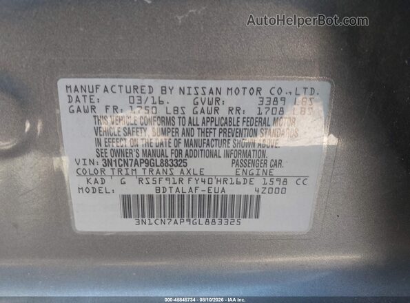 3N1CN7AP9GL883325 2016 NISSAN VERSA Gray Вид підкапотного простору