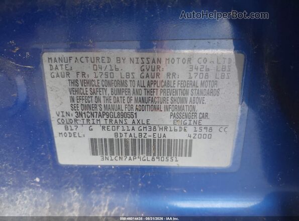 3N1CN7AP9GL890551 2016 NISSAN VERSA Blue Vista del compartimento del motor