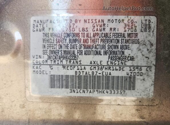 3N1CN7AP9HK433357 2017 NISSAN VERSA Beige Vista del compartimento del motor