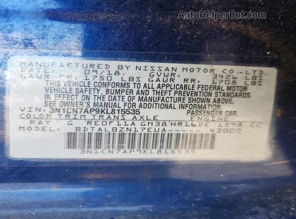 3N1CN7AP9KL815535 2019 NISSAN VERSA Blue VIN sticker view