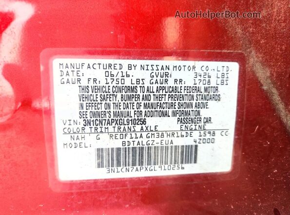 3N1CN7APXGL910256 2016 NISSAN VERSA Red Вид підкапотного простору