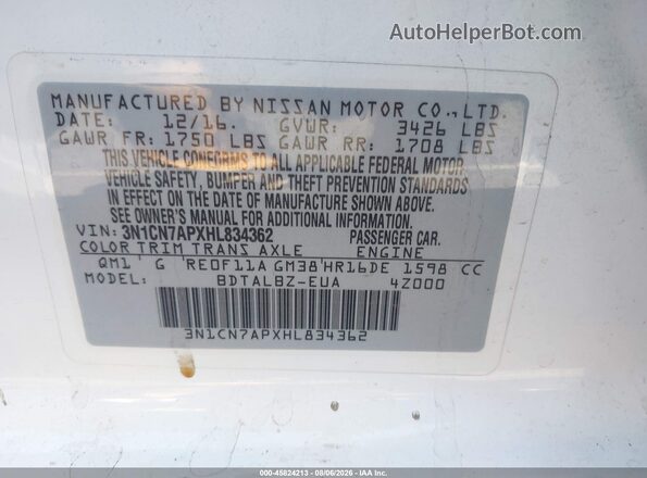 3N1CN7APXHL834362 2017 NISSAN VERSA White Շարժիչի բաժամունքի տեսք
