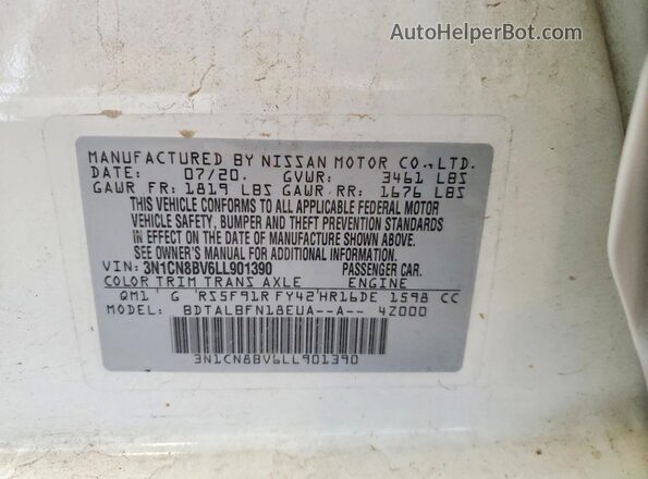 3N1CN8BV6LL901390 2020 NISSAN VERSA Белый Вид наклейки с VIN-кодом