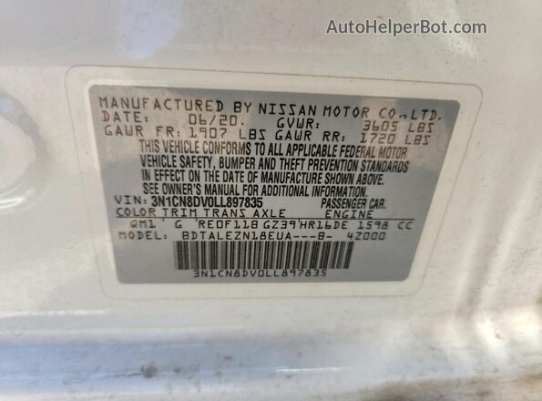 3N1CN8DV0LL897835 2020 NISSAN VERSA White Вид підкапотного простору