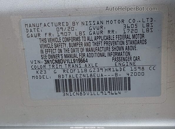 3N1CN8DV1LL919664 2020 NISSAN VERSA Silver Շարժիչի բաժամունքի տեսք