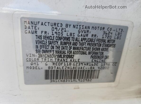 3N1CN8DV1ML910982 2021 NISSAN VERSA White Vista del compartimento del motor