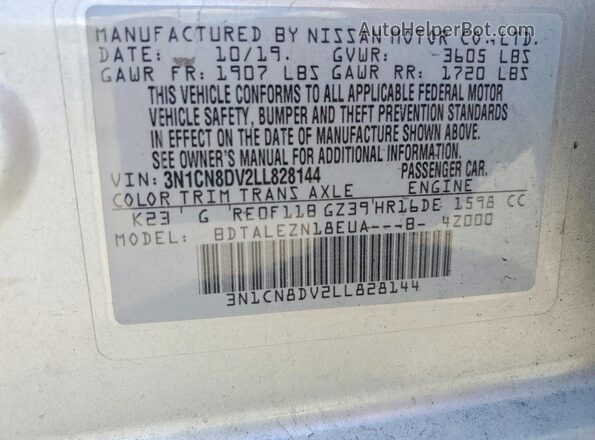 3N1CN8DV2LL828144 2020 NISSAN VERSA White Շարժիչի բաժամունքի տեսք
