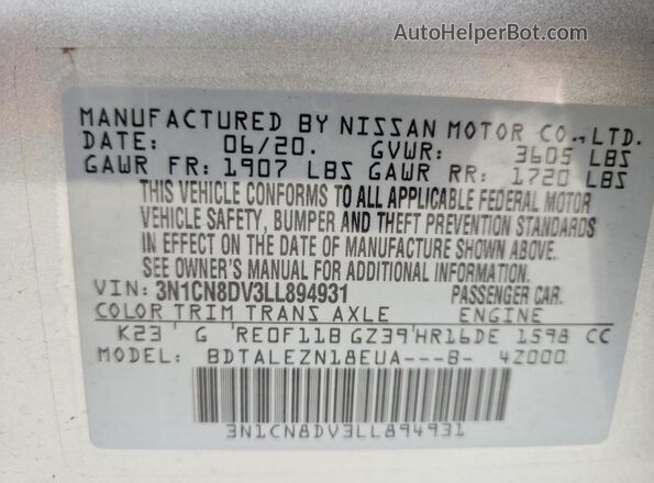 3N1CN8DV3LL894931 2020 NISSAN VERSA Silver Շարժիչի բաժամունքի տեսք