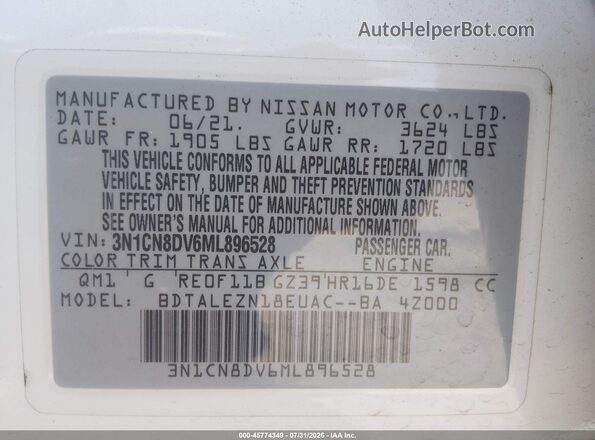 3N1CN8DV6ML896528 2021 NISSAN VERSA Белый Вид подкапотного пространства