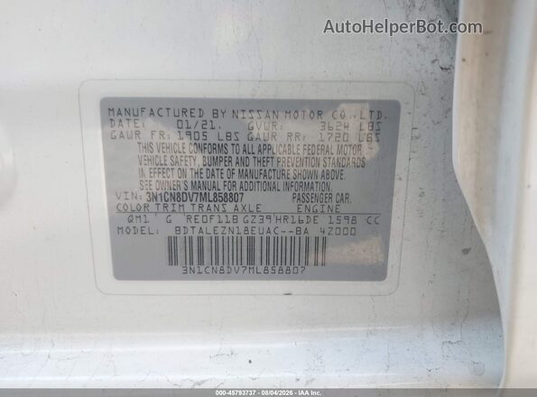 3N1CN8DV7ML858807 2021 NISSAN VERSA Белый Вид подкапотного пространства