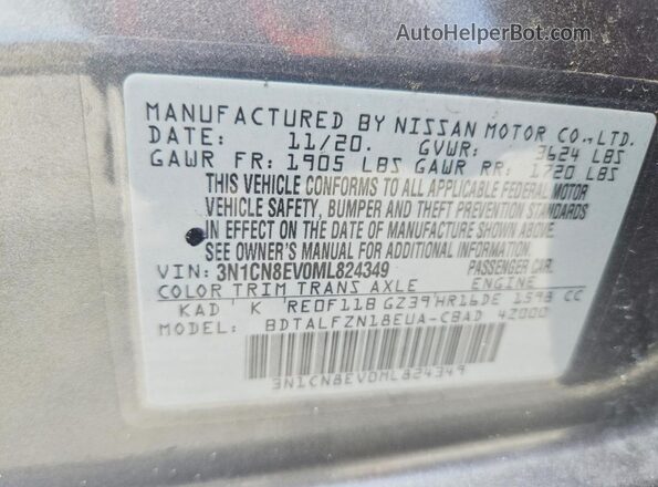 3N1CN8EV0ML824349 2021 NISSAN VERSA Gray Շարժիչի բաժամունքի տեսք