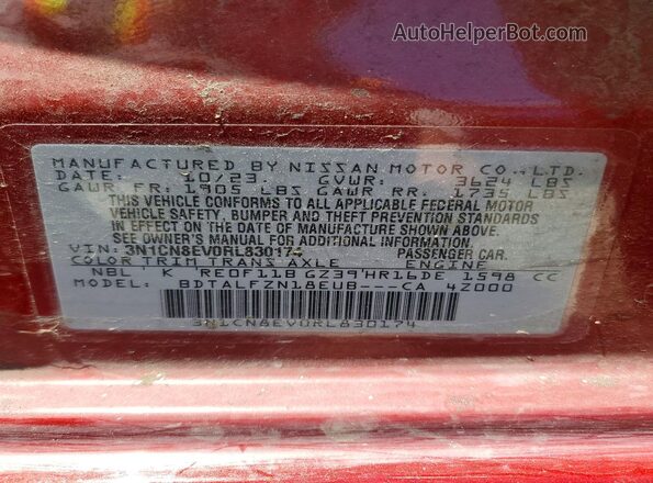 3N1CN8EV0RL830174 2024 NISSAN VERSA Burgundy ძრავის განყოფილების ხედი