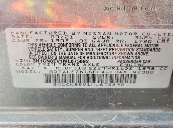 3N1CN8EV1ML875892 2021 NISSAN VERSA Silver Vista del compartimento del motor