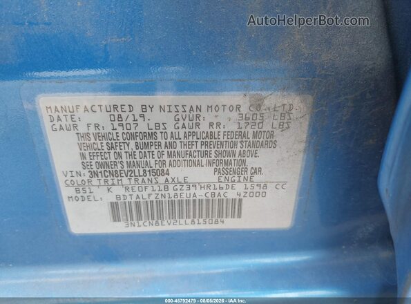 3N1CN8EV2LL815084 2020 NISSAN VERSA Blue Engine compartment view