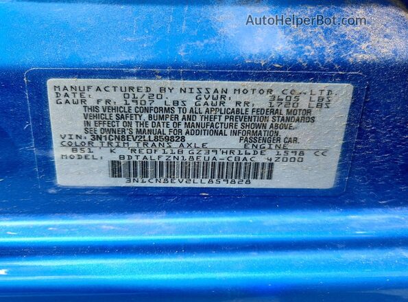 3N1CN8EV2LL859828 2020 NISSAN VERSA Синий Вид наклейки с VIN-кодом