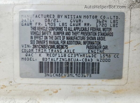 3N1CN8EV3ML903675 2021 NISSAN VERSA White Widok naklejki z numerem VIN