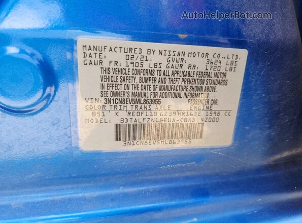 3N1CN8EV5ML863955 2021 NISSAN VERSA Blue Շարժիչի բաժամունքի տեսք