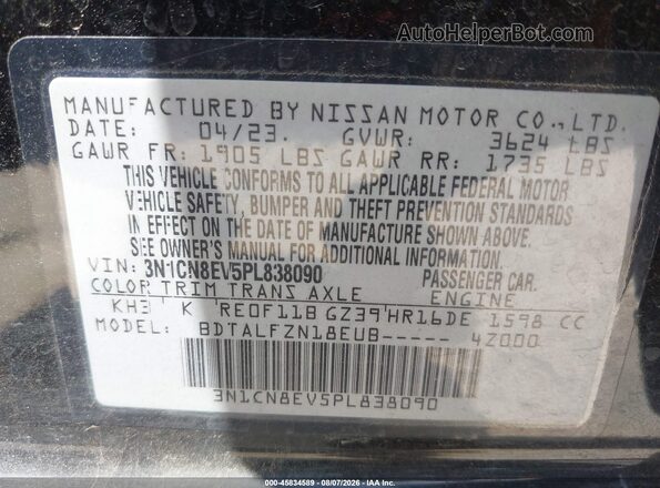 3N1CN8EV5PL838090 2023 NISSAN VERSA Black Вид підкапотного простору