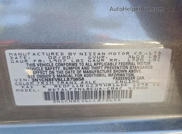 3N1CN8EV6LL875658 2020 NISSAN VERSA Серый Вид наклейки с VIN-кодом