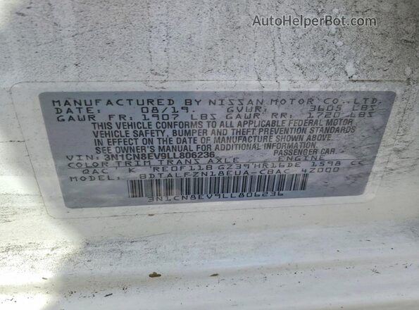 3N1CN8EV9LL806236 2020 NISSAN VERSA Белый Вид подкапотного пространства