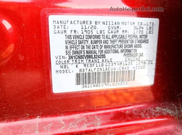 3N1CN8EV9ML824205 2021 NISSAN VERSA Красный Вид наклейки с VIN-кодом