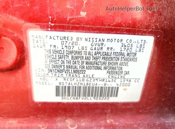 3N1CN8FV2LL905222 2020 NISSAN VERSA Maroon Widok komory silnika