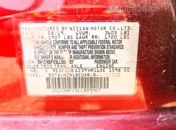 3N1CN8FV3LL809907 2020 NISSAN VERSA Maroon VIN კოდის სტიკერის ხედი