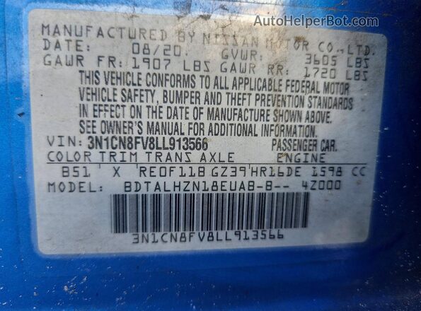 3N1CN8FV8LL913566 2020 NISSAN VERSA Blue Вид підкапотного простору