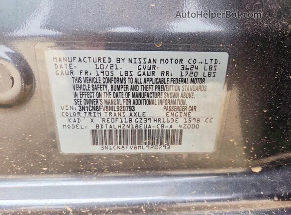 3N1CN8FV8ML920793 2021 NISSAN VERSA Silver Вид підкапотного простору