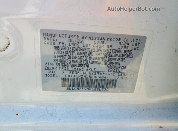 3N1CN8FV9PL856770 2023 NISSAN VERSA White Vista de la etiqueta del VIN