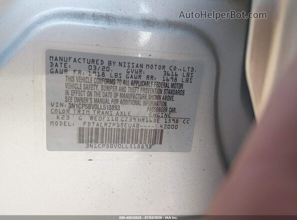 3N1CP5BV0LL518893 2020 NISSAN KICKS Серебряный Вид подкапотного пространства