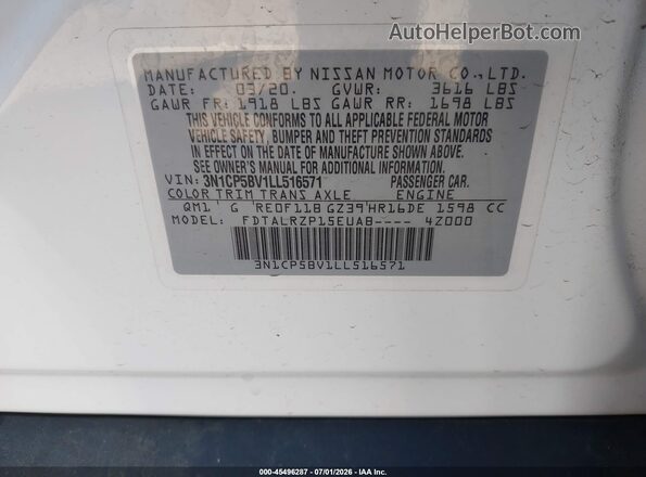 3N1CP5BV1LL516571 2020 NISSAN KICKS White Vista del compartimento del motor