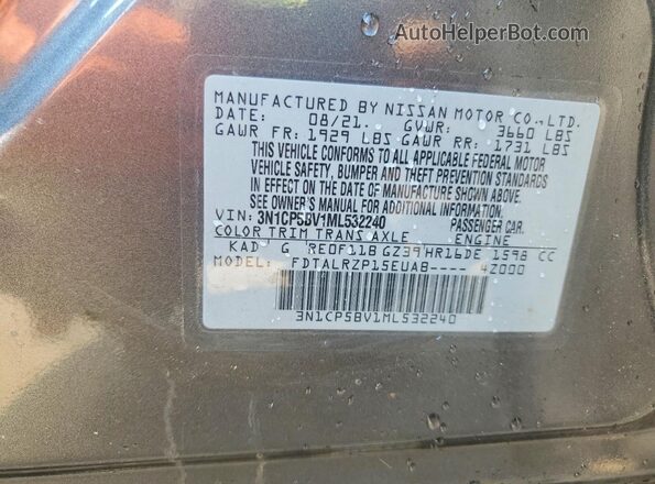 3N1CP5BV1ML532240 2021 NISSAN KICKS Серый Вид наклейки с VIN-кодом
