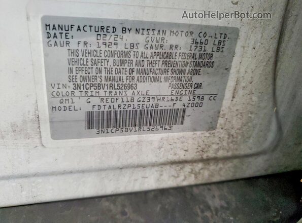 3N1CP5BV1RL526963 2024 NISSAN KICKS White Vista de la etiqueta del VIN
