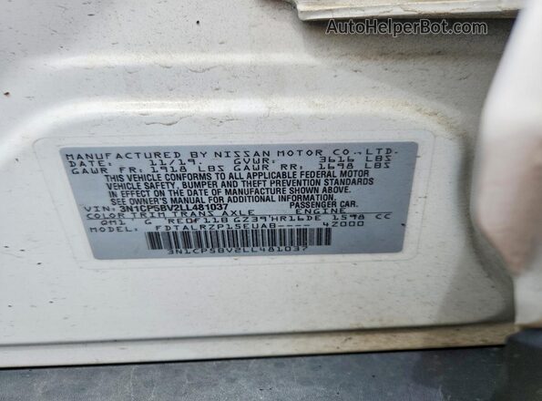 3N1CP5BV2LL481037 2020 NISSAN KICKS White VIN sticker view