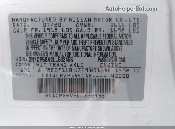 3N1CP5BV2LL532455 2020 NISSAN KICKS White Շարժիչի բաժամունքի տեսք